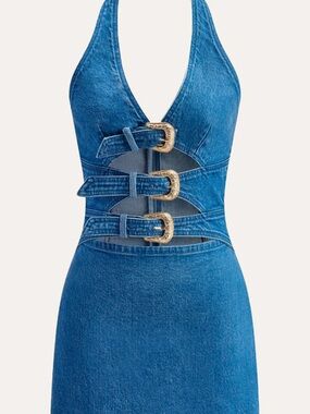 Halter Neck Buckle Detail Denim Mini Dress